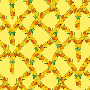 Dikensiz deniz dikenleri deseni. Böğürtlen ve yapraklı dallar. Duvar kağıdı, kumaş, ambalaj için turuncu taze böğürtlen şablonu.