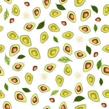 Avokado pürüzsüz desen. Yaprak ve çiçeklerle dilimlenmiş avokado. Özgün düz resimleme
