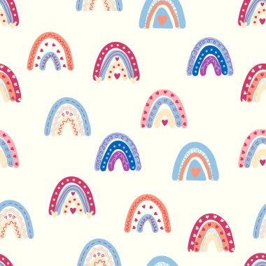 Gökkuşağı renklerinde pürüzsüz desen. İskandinav bebek eli çizimi tekstil ve yeni doğan kıyafetleri için mükemmel..
