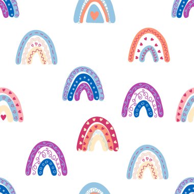 Gökkuşağı renklerinde pürüzsüz desen. İskandinav bebek eli çizimi tekstil ve yeni doğan kıyafetleri için mükemmel..