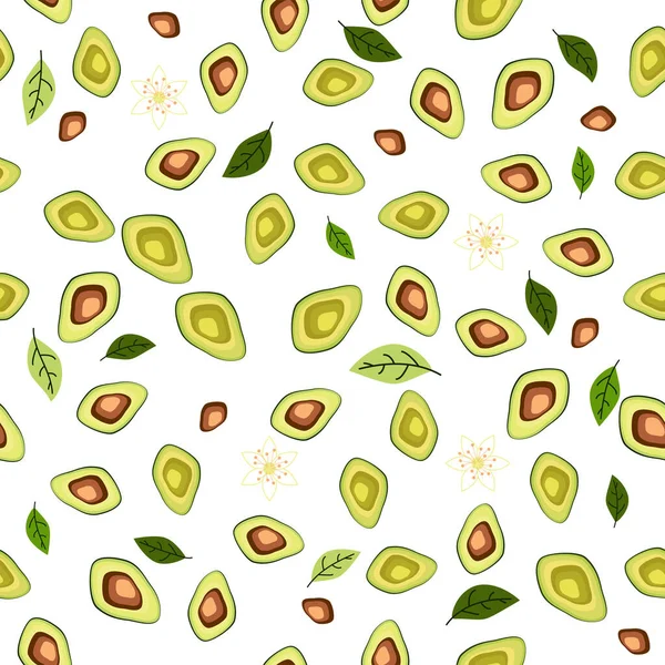 Avokado pürüzsüz desen. Yaprak ve çiçeklerle dilimlenmiş avokado. Özgün düz resimleme