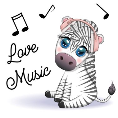 Kulaklıklı şirin bir zebra, müzik aşığı. Notalar ve üçlü anahtarlar.