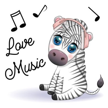 Kulaklıklı şirin bir zebra, müzik aşığı. Notalar ve üçlü anahtarlar.