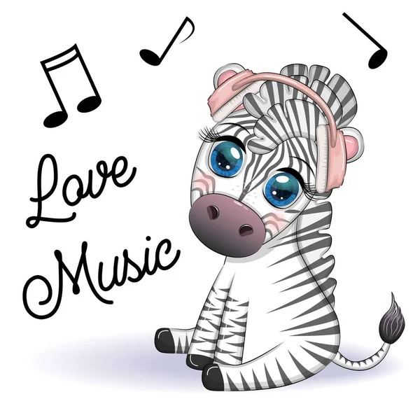 Kulaklıklı şirin bir zebra, müzik aşığı. Notalar ve üçlü anahtarlar.
