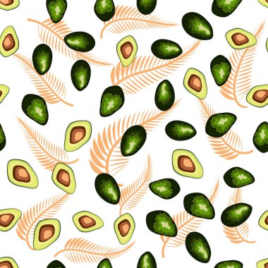 Avokado pürüzsüz desen. Yaprak ve çiçeklerle dilimlenmiş avokado. Özgün düz resimleme