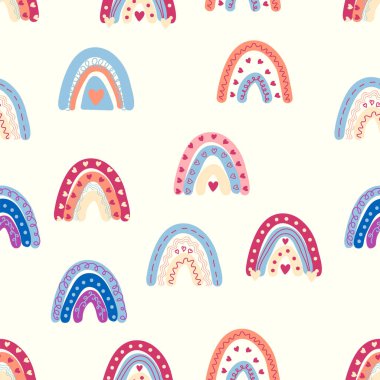 Gökkuşağı renklerinde pürüzsüz desen. İskandinav bebek eli çizimi tekstil ve yeni doğan kıyafetleri için mükemmel..