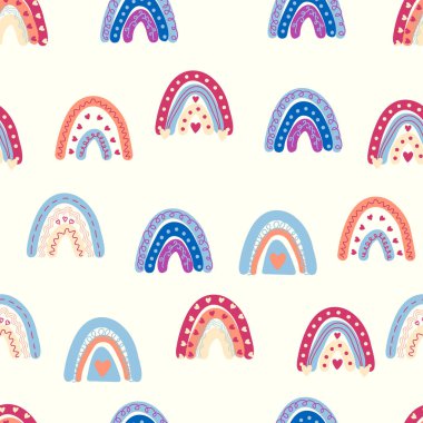 Gökkuşağı renklerinde pürüzsüz desen. İskandinav bebek eli çizimi tekstil ve yeni doğan kıyafetleri için mükemmel..
