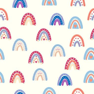 Gökkuşağı renklerinde pürüzsüz desen. İskandinav bebek eli çizimi tekstil ve yeni doğan kıyafetleri için mükemmel..