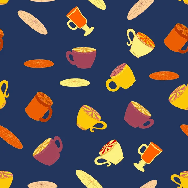 Cups Saucers Bright Seamless Pattern Tea Tea Shop Coffee Wallpaper — Stock Vector