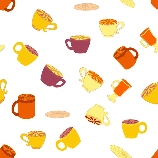 Чашки Тарілки Яскравий Безшовний Візерунок Чай Чайний Магазин Кава Шпалери — стоковий вектор