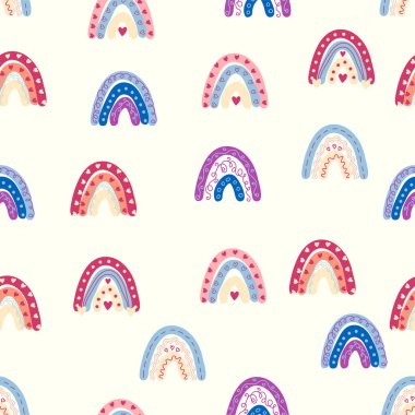 Gökkuşağı renklerinde pürüzsüz desen. İskandinav bebek eli çizimi tekstil ve yeni doğan kıyafetleri için mükemmel..