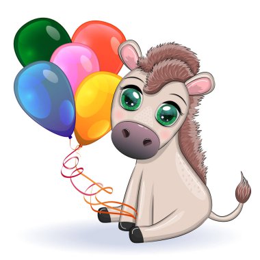 Çiçekli şirin bir eşek, balonlu, bahar temalı. Tatil için kartpostal.