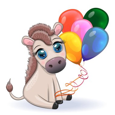 Çiçekli şirin bir eşek, balonlu, bahar temalı. Tatil için kartpostal.