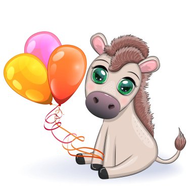 Çiçekli şirin bir eşek, balonlu, bahar temalı. Tatil için kartpostal.