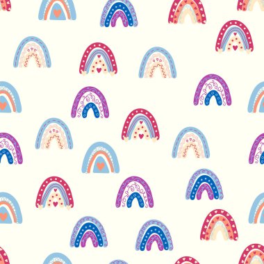 Gökkuşağı renklerinde pürüzsüz desen. İskandinav bebek eli çizimi tekstil ve yeni doğan kıyafetleri için mükemmel..