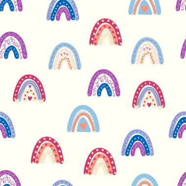 Gökkuşağı renklerinde pürüzsüz desen. İskandinav bebek eli çizimi tekstil ve yeni doğan kıyafetleri için mükemmel..