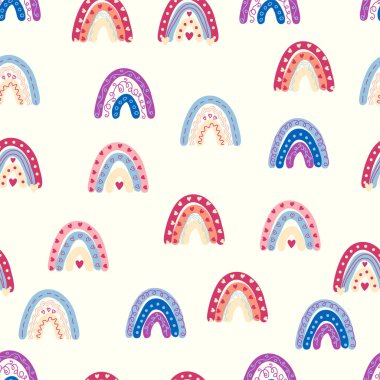 Gökkuşağı renklerinde pürüzsüz desen. İskandinav bebek eli çizimi tekstil ve yeni doğan kıyafetleri için mükemmel..