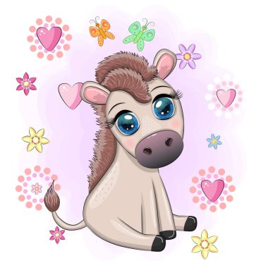 Çiçekli şirin bir eşek, balonlu, bahar temalı. Tatil için kartpostal.