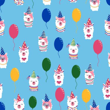 Lama ve alpaka yüzlü kusursuz desen. Doğum günü teması. Şapkalar, balonlar, yazıtlar mutlu yıllar.
