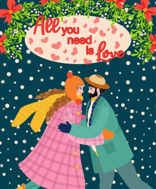 Flat hand drawn valentines day greeting card. Loving couple of young man and woman.