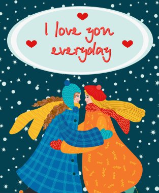 Flat hand drawn valentines day greeting card. Loving couple of young man and woman.