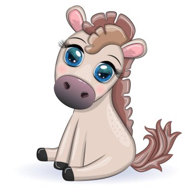 Cute cartoon horse, pony for card with flowers, balloons, hearts