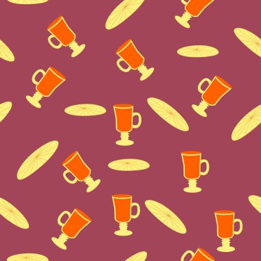 Bardaklar ve tabaklar parlak, pürüzsüz desen. Çay, çay dükkanı, kahve. Duvar kağıdı, kağıt kumaş ambalajı