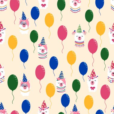 Lama ve alpaka yüzlü kusursuz desen. Doğum günü teması. Şapkalar, balonlar, yazıtlar mutlu yıllar.