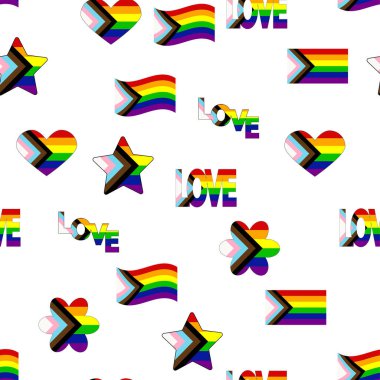 Seamless pattern with new lgbt flag, hearts, text, flower and flag. Gay pride. Pride Month. Love, freedom, support lgbtq