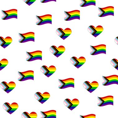 Seamless pattern with new lgbt flag, hearts, text, flower and flag. Gay pride. Pride Month. Love, freedom, support lgbtq