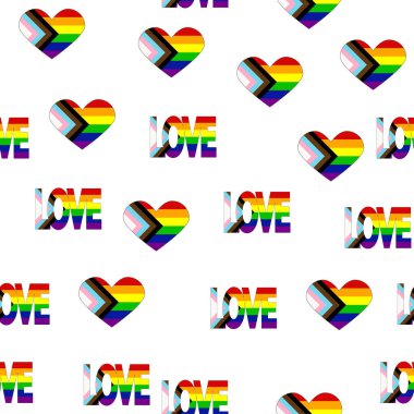 Seamless pattern with new lgbt flag, hearts, text, flower and flag. Gay pride. Pride Month. Love, freedom, support lgbtq