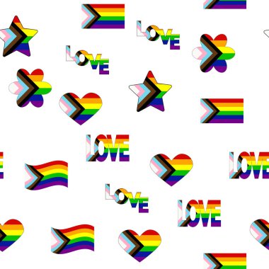 Seamless pattern with new lgbt flag, hearts, text, flower and flag. Gay pride. Pride Month. Love, freedom, support lgbtq