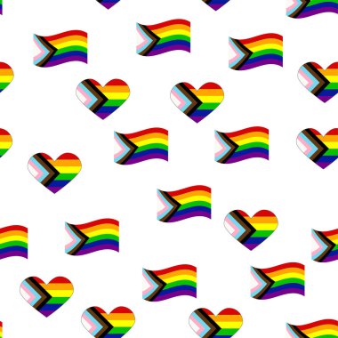 Seamless pattern with new lgbt flag, hearts, text, flower and flag. Gay pride. Pride Month. Love, freedom, support lgbtq