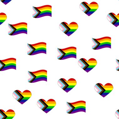 Seamless pattern with new lgbt flag, hearts, text, flower and flag. Gay pride. Pride Month. Love, freedom, support lgbtq