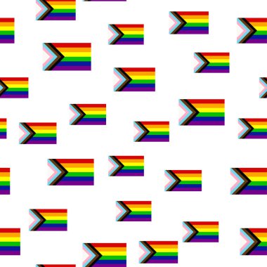 Seamless pattern with new lgbt flag, hearts, text, flower and flag. Gay pride. Pride Month. Love, freedom, support lgbtq
