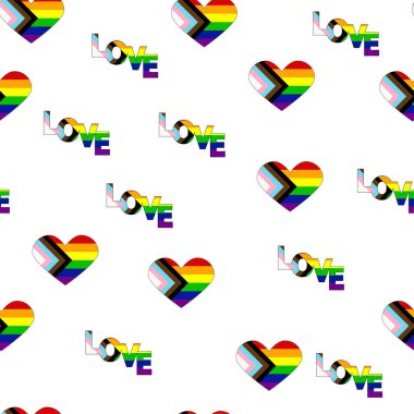 Seamless pattern with new lgbt flag, hearts, text, flower and flag. Gay pride. Pride Month. Love, freedom, support lgbtq