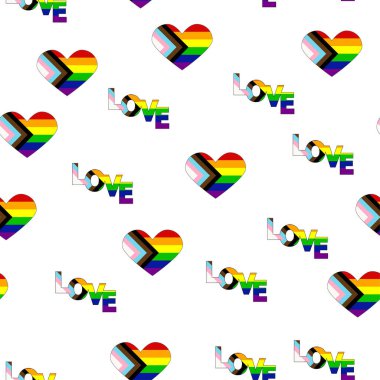 Seamless pattern with new lgbt flag, hearts, text, flower and flag. Gay pride. Pride Month. Love, freedom, support lgbtq