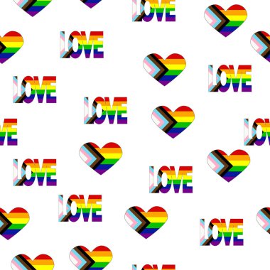 Seamless pattern with new lgbt flag, hearts, text, flower and flag. Gay pride. Pride Month. Love, freedom, support lgbtq