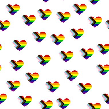 Seamless pattern with new lgbt flag, hearts, text, flower and flag. Gay pride. Pride Month. Love, freedom, support lgbtq