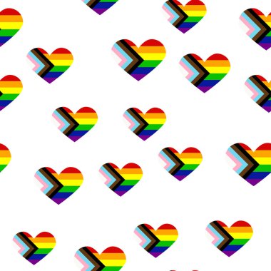 Seamless pattern with new lgbt flag, hearts, text, flower and flag. Gay pride. Pride Month. Love, freedom, support lgbtq