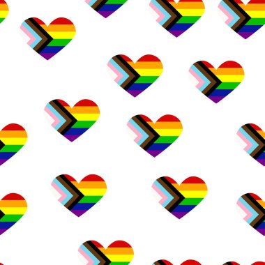 Seamless pattern with new lgbt flag, hearts, text, flower and flag. Gay pride. Pride Month. Love, freedom, support lgbtq