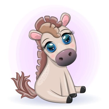 Cute cartoon horse, pony for card with flowers, balloons, hearts