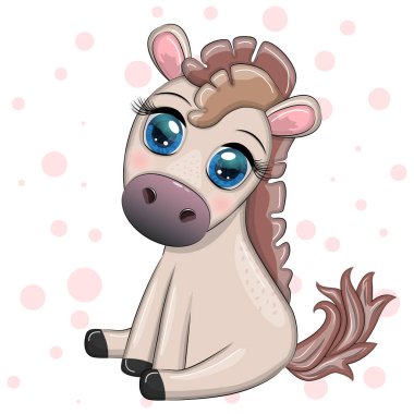 Cute cartoon horse, pony for card with flowers, balloons, hearts