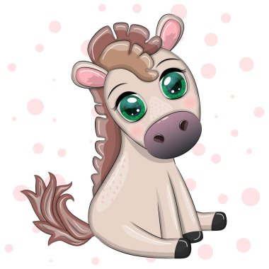Cute cartoon horse, pony for card with flowers, balloons, hearts
