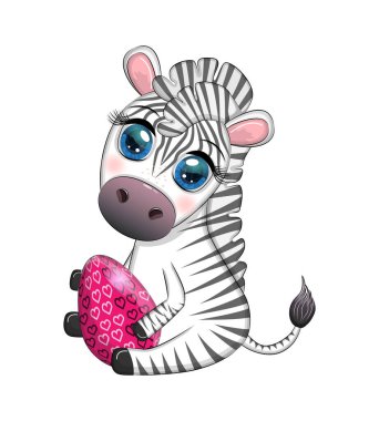Zebra with Easter egg, flowers. Easter greeting card.