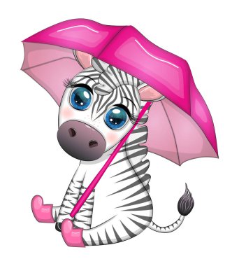 Striped zebra with umbrella, cute kid character. Autumn is coming, rain and yellow leaves.