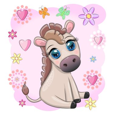 Çiçekli şirin bir eşek, balonlu, bahar temalı. Tatil için kartpostal.