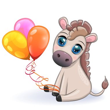 Çiçekli şirin bir eşek, balonlu, bahar temalı. Tatil için kartpostal.