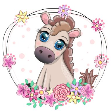 Cute cartoon horse, pony for card with flowers, balloons, hearts