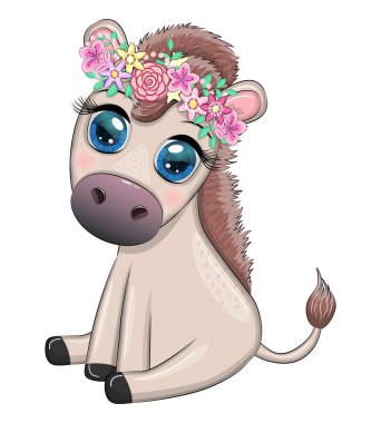 Çiçekli şirin bir eşek, balonlu, bahar temalı. Tatil için kartpostal..